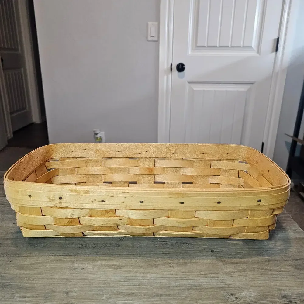 Vintage Longaberger Bread Basket Handwoven Brown Rectangle Wood Signed 1996